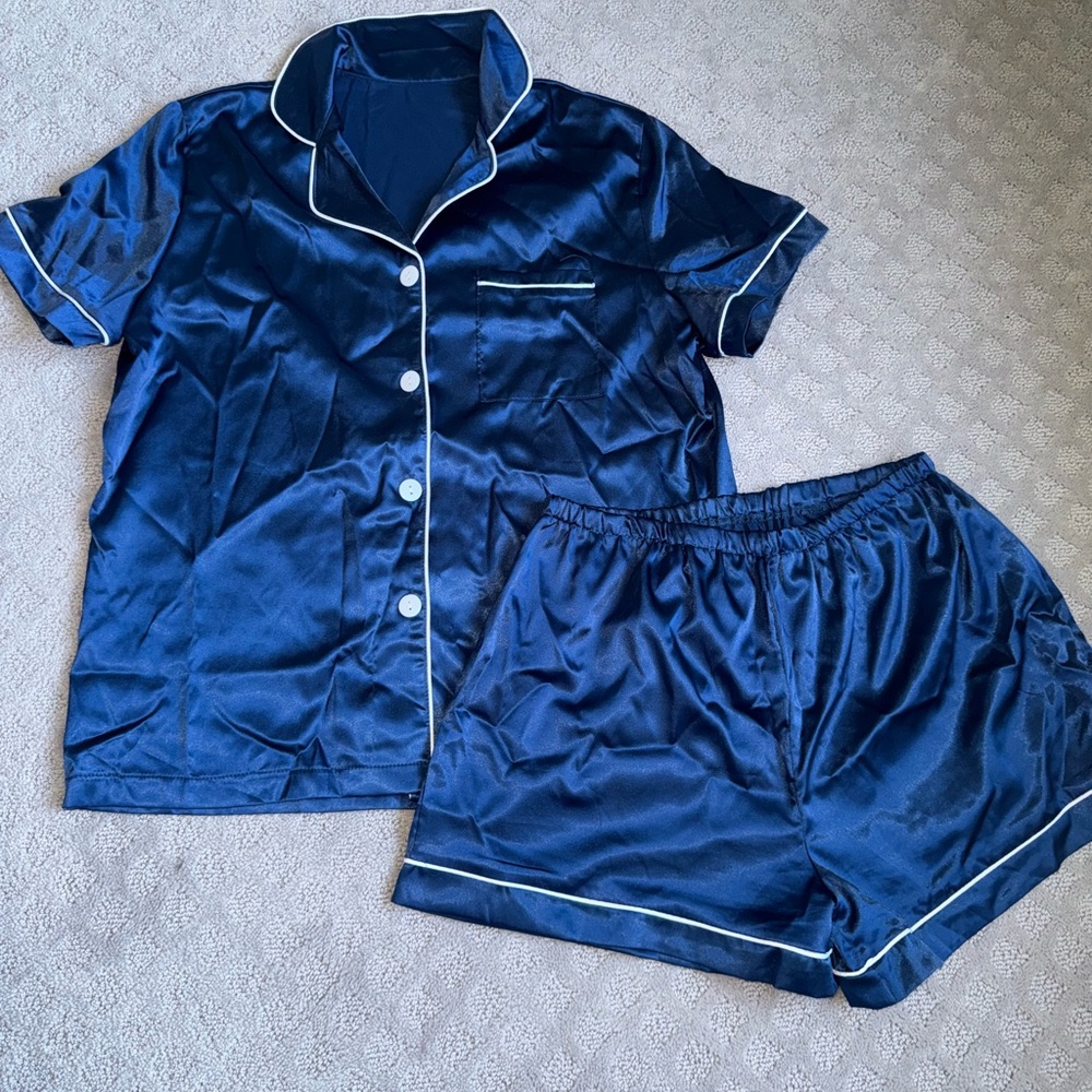 Women's Navy Blue Satin Pajama Set